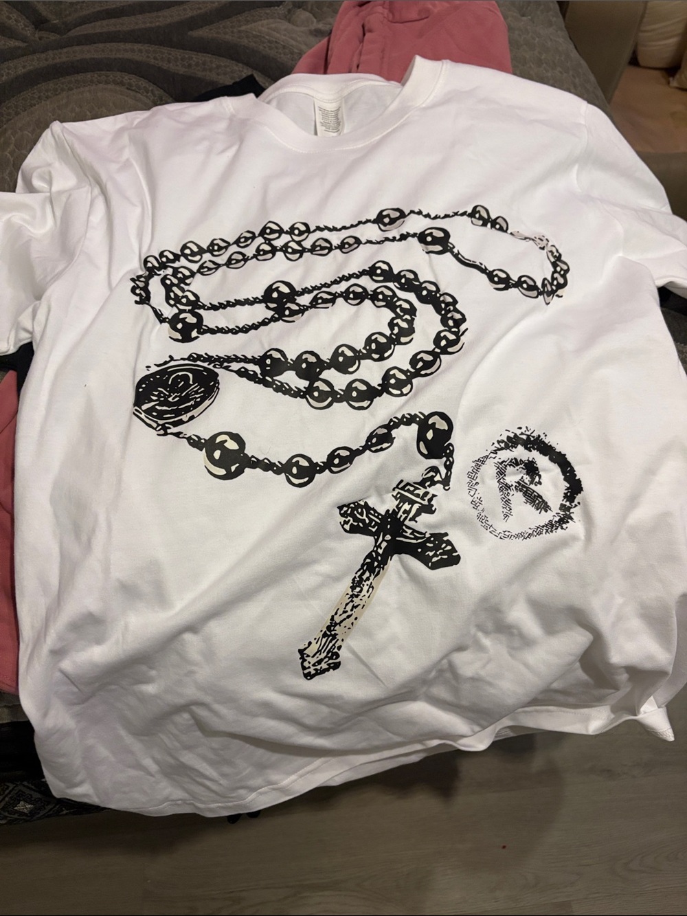 White Graphic Tee with Black Rosary Cross Print